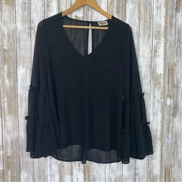 Show Me Your Mumu Nicolette Sheer Black Blouse Wide Sleeve Boho Western XS - Picture 2 of 8